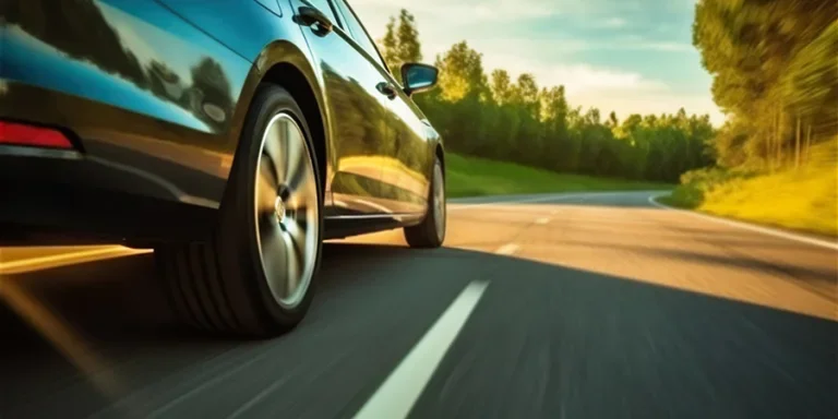 Car rushes along the highway at sunset