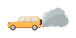 سيارة كرتونية صفراء مع دخان رمادي يخرج من أنبوب العادم