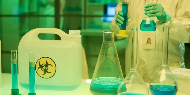 Contemporary clinician in coveralls and gloves holding test tubes with liquid