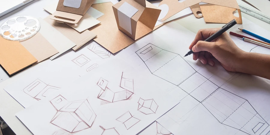Diseñador dibujando dibujo diseño marrón artesanía cartón papel producto eco embalaje maqueta caja desarrollo plantilla paquete marca etiqueta