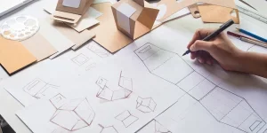 Designer sketching drawing design Brown craft cardboard paper product eco packaging mockup box development template package branding Label