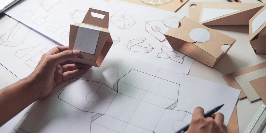 Designer skizziert Zeichnungsdesign Braunes Bastelprodukt aus Pappe
