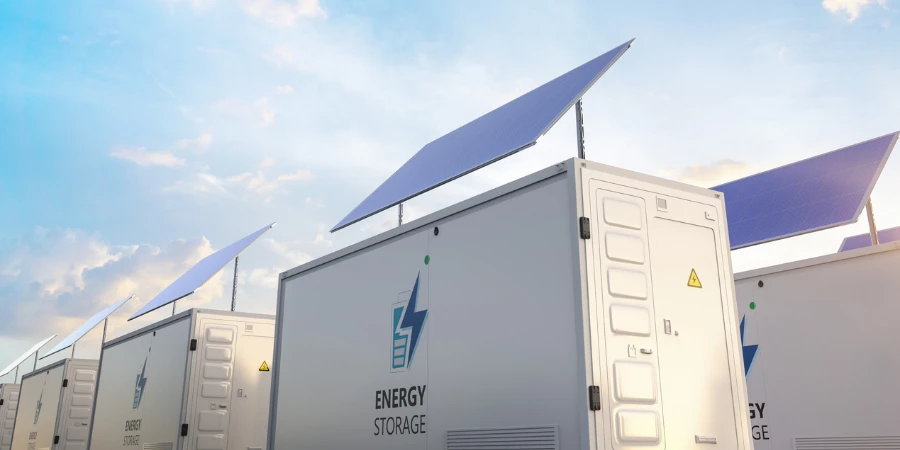 Sistem penyimpanan energi atau unit wadah baterai dengan panel surya