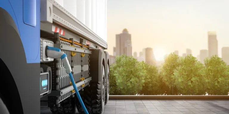 Ev logistic trailer truck or electric vehicle lorry at charging station