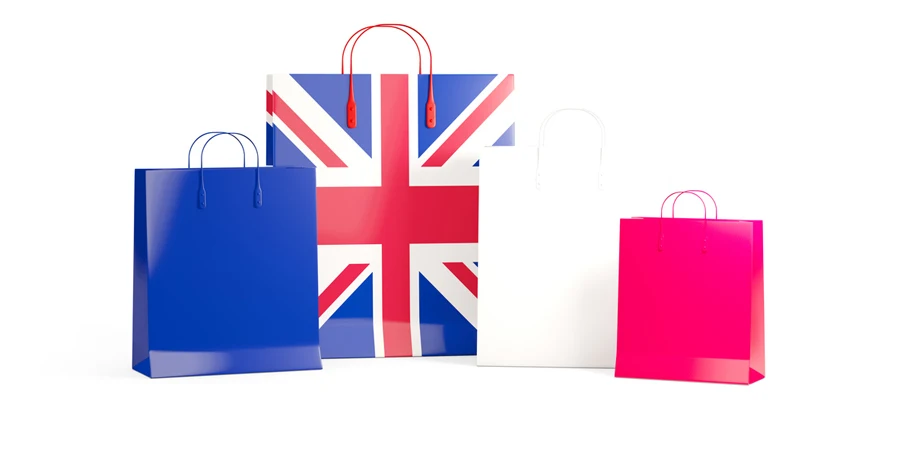 Bandiera del Regno Unito sulle borse della spesa