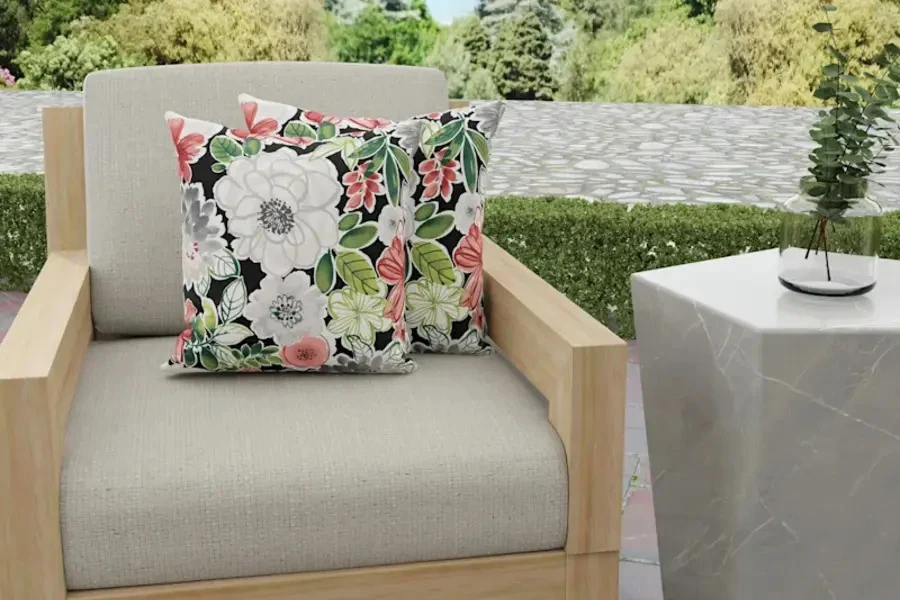 Floral outdoor cushions on a seat