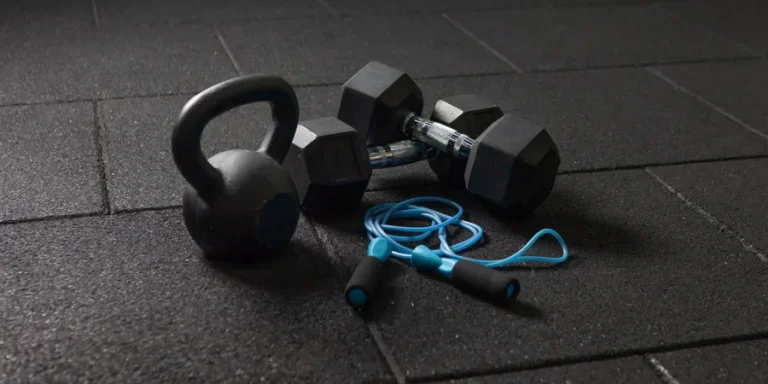 Kettlebell and skipping rope, dumbbells