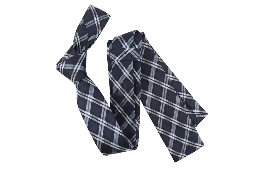 Men's Silk Jacquard Skinny Tie Navy, White, and Blue Plaid