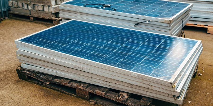 Panel surya tua yang sudah usang di halaman pabrik, fokus selektif
