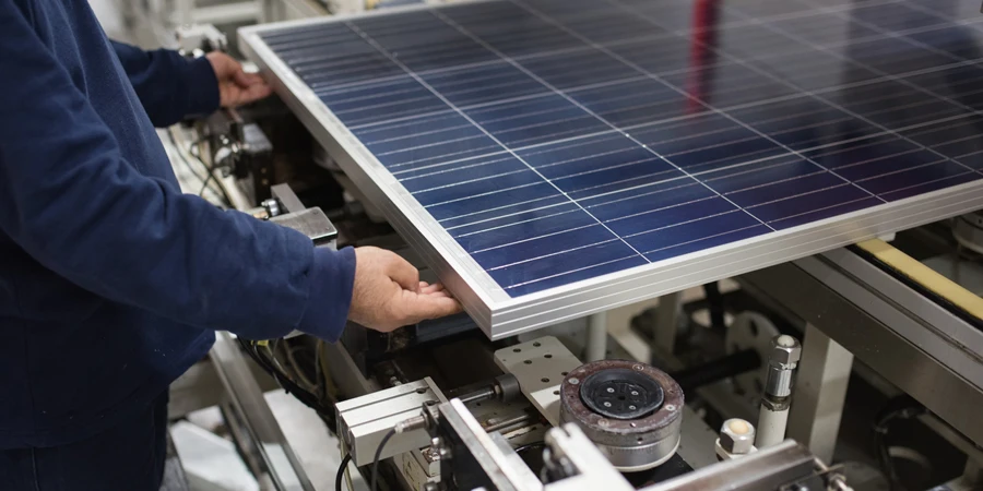 Producción de paneles solares, hombre trabajando en fábrica.