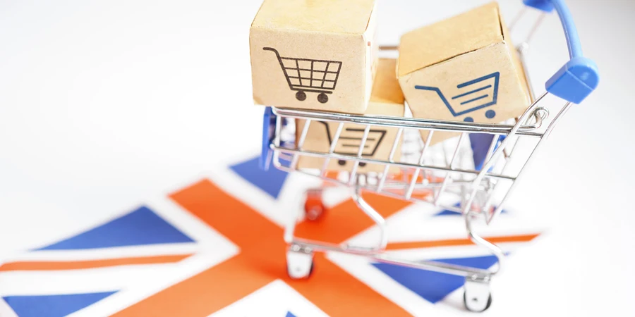 Shopping cart box on United Kingdom flag