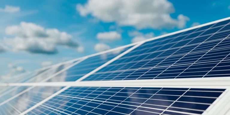 Solar panel recharging clean energy at midday with blue sky and clouds