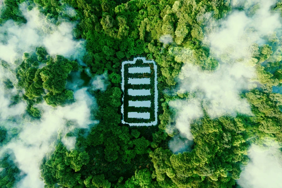 A battery-shaped pond located in a lush forest