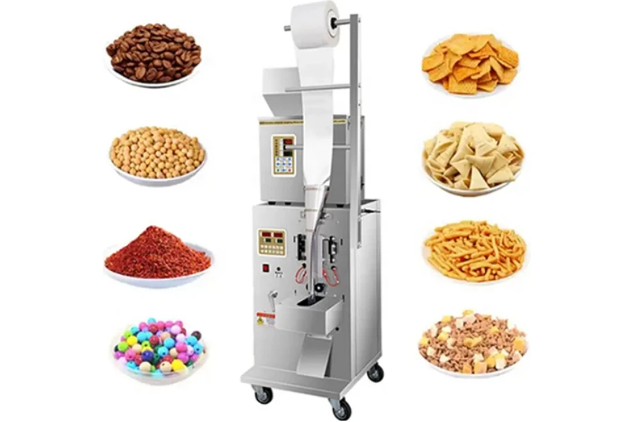 Una máquina formadora, llenadora y selladora con varios tipos de alimentos en cada lado.