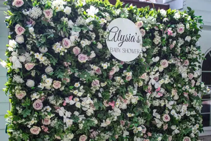 A hanging flower wall at an event