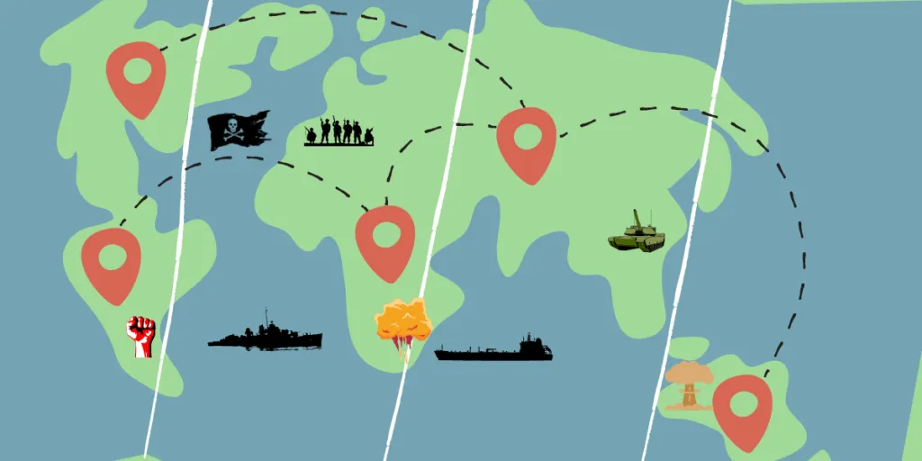 Peta yang menunjukkan jalur pelayaran utama global dengan ketegangan geopolitik