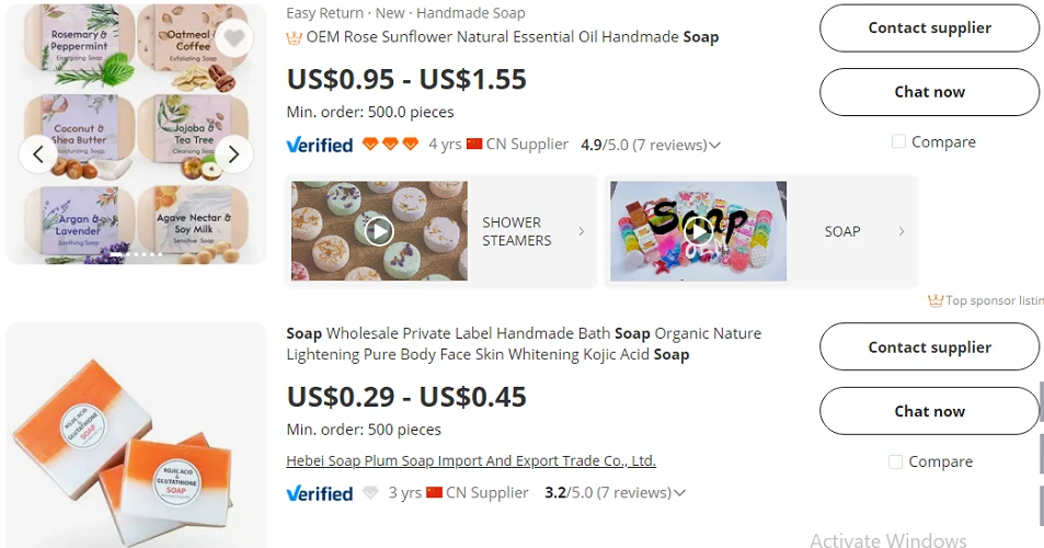A search results page for soaps on Alibaba