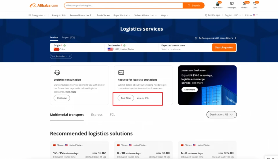 Accediendo a la función de RFQ de logística en Alibaba.com Logistics Marketplace