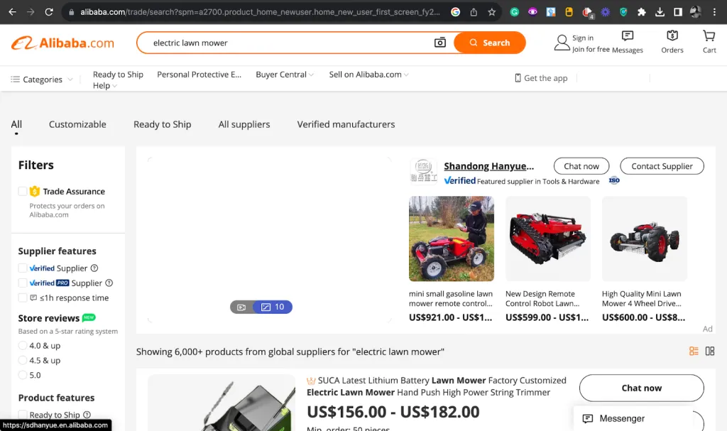 Sitio web Alibaba.com que muestra proveedores de cortadoras de césped eléctricas
