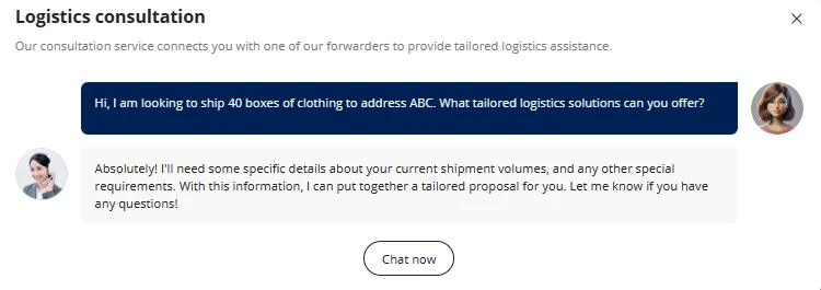 Un ejemplo de cómo describir las necesidades logísticas al agente online