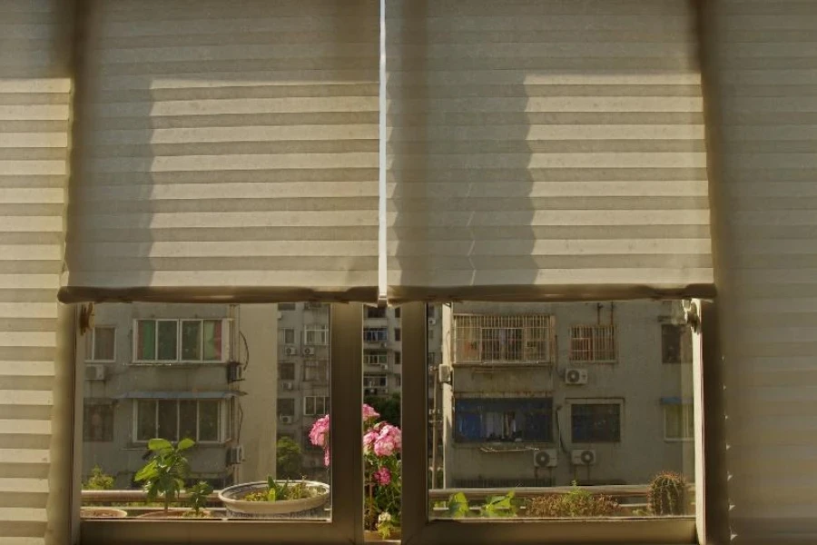 Apartment windows with beige honeycomb cell blinds