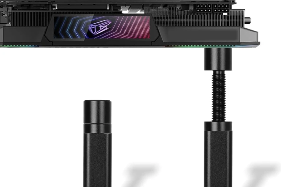 Black-colored bracket holding a GPU tightly