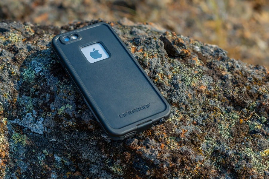 Black Lifeproof case sitting on a rock