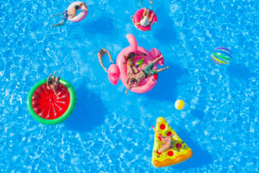Different style of pool floats with people on them