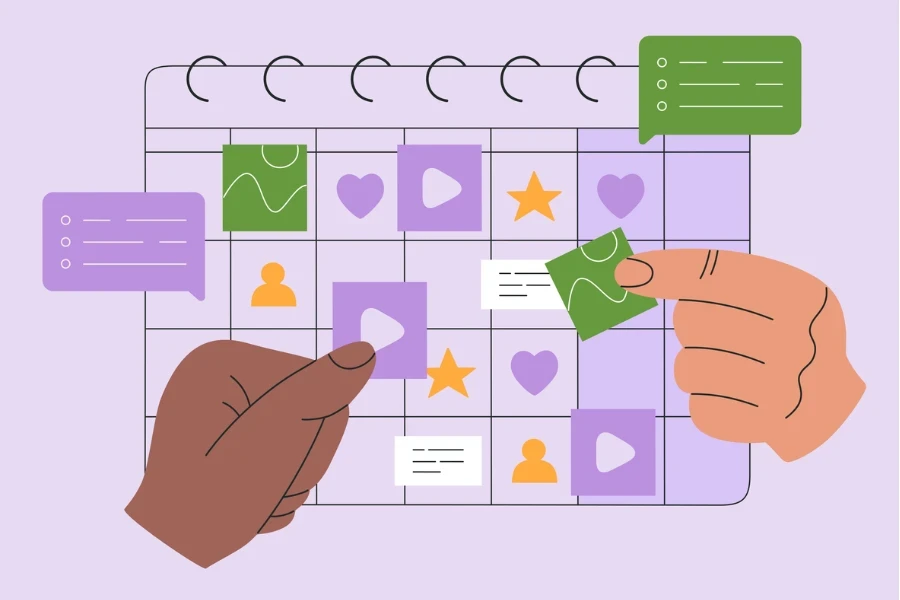 Digital drawing of hands placing content onto a social media content calendar