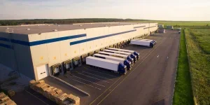 distribution warehouse with trucks