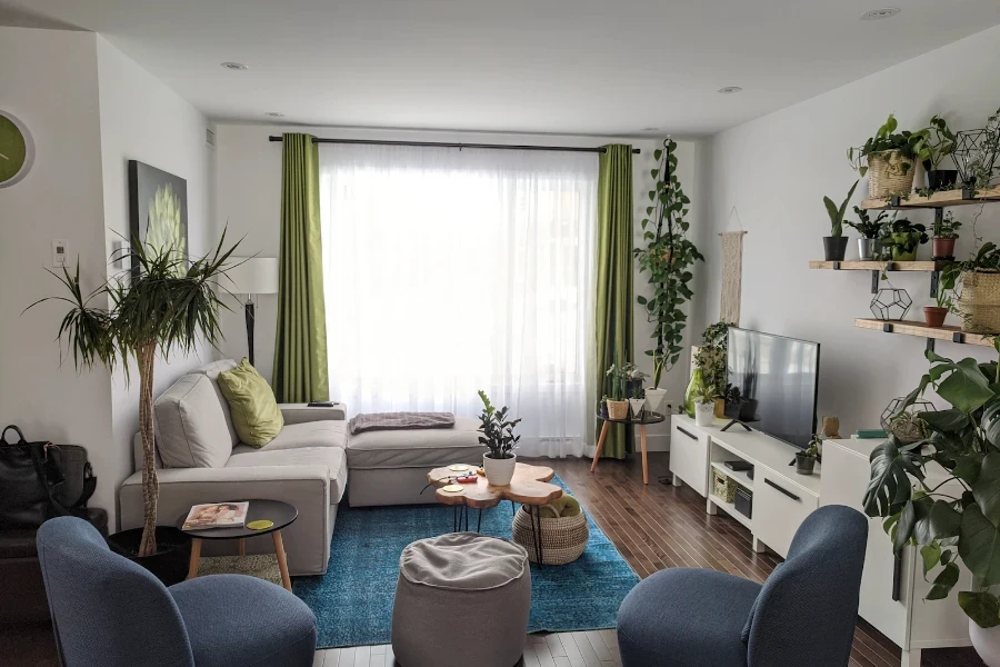 Dual sheer white and green blackout curtains in a living room