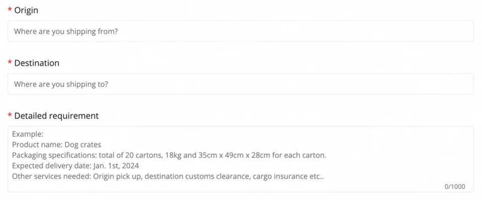 Entering the shipping information of the goods and their detailed specifications