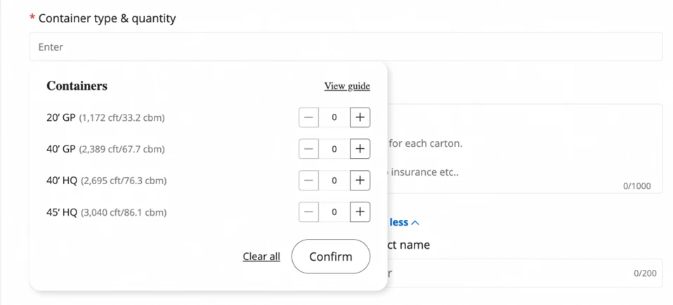 Entering the type and quantity of containers