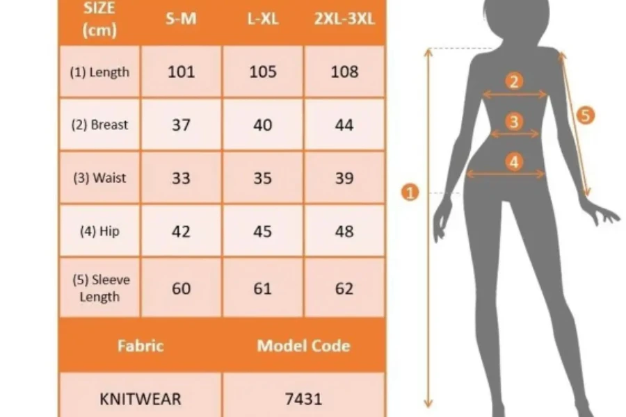 Пример таблицы преобразования размеров, которую можно распечатать на сумках для одежды.