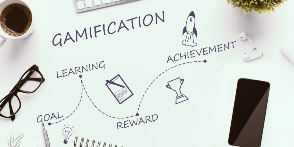 Gamification stages on white workplace