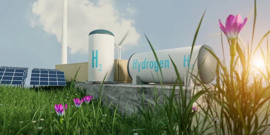 armazenamento de hidrogênio em uma pequena colina com uma bela paisagem, energia verde e natureza amigável