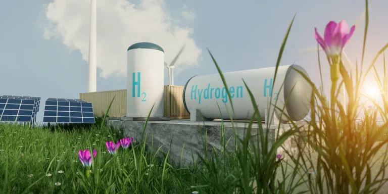 hydrogen storage on small hill with beatiful landscape, green power and nature freindly