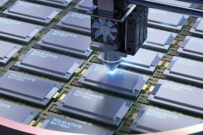A 3D rendering of solid-state battery cells manufacturing. Credit: Phonlamai Photo/Shutterstock.