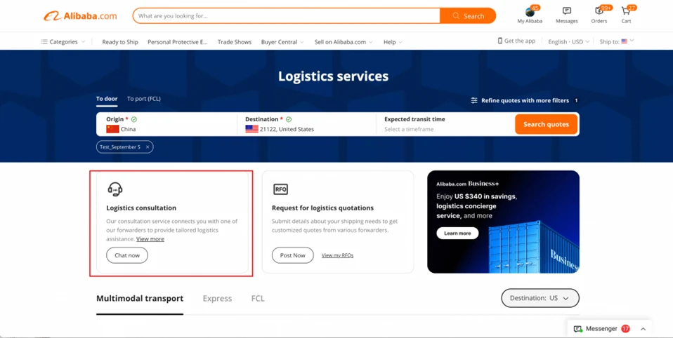 Localización del servicio de consulta en Alibaba.com Logistics Marketplace