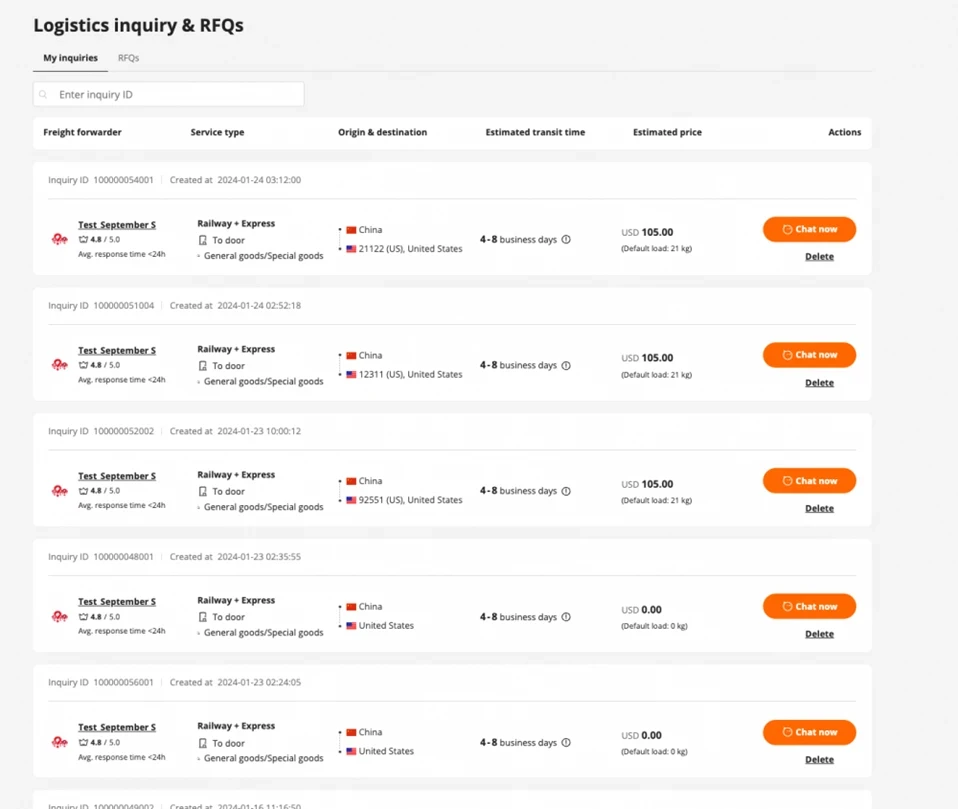 Verwaltung der Liste aller eingereichten Logistikanfragen