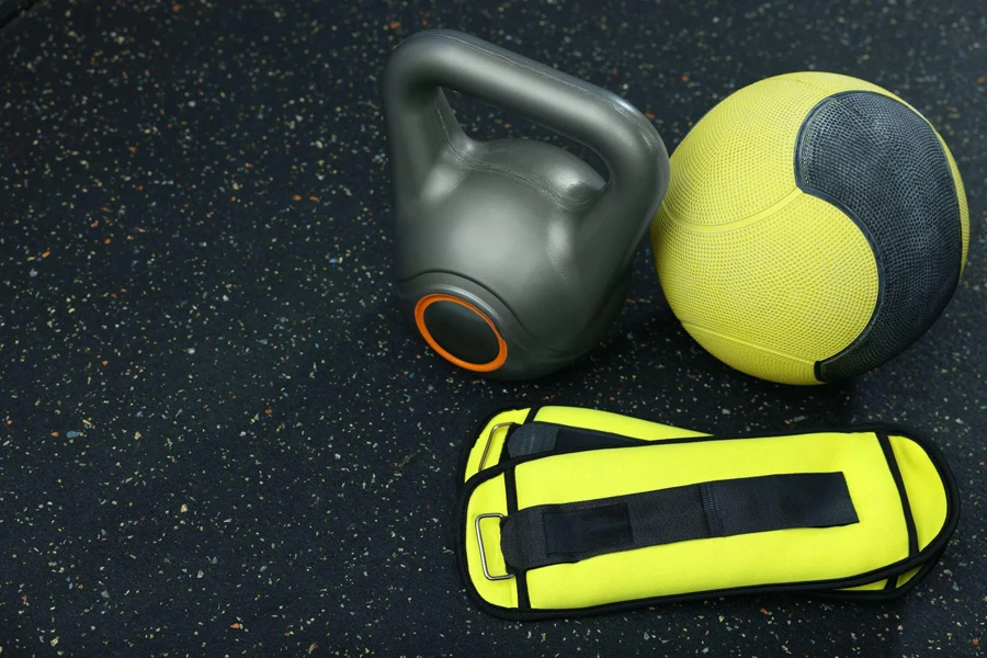 medicine ball, kettlebell and ankle weights