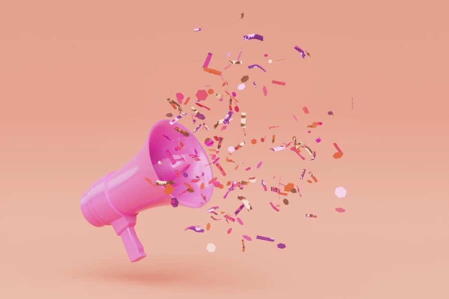 Megafone com confetes brilhantes explodindo