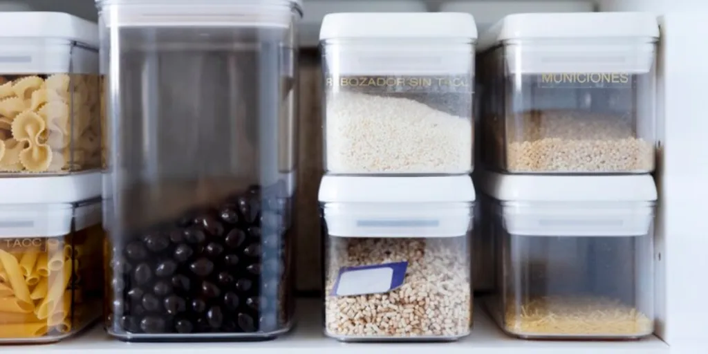 Multiple food storage containers in an organized cabinet