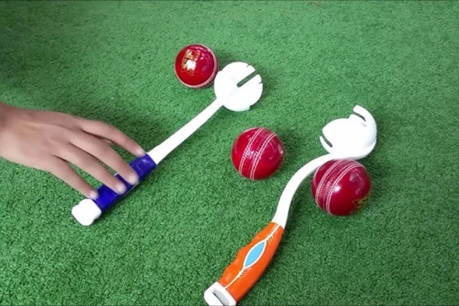 Person grabbing a ball thrower with a blue handle