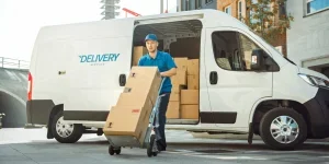 Person walking near delivery van with carton boxes on trolley