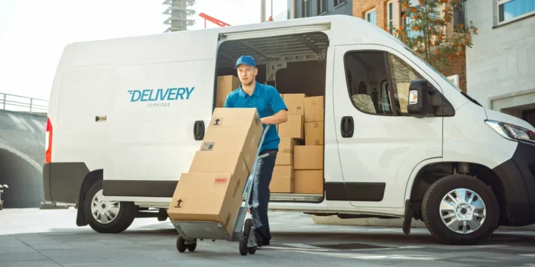 Person walking near delivery van with carton boxes on trolley