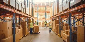 retail warehouse with goods in cardboxes