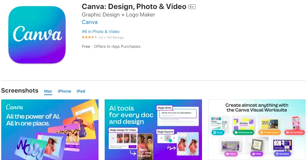 لقطة شاشة لتطبيق Canva من متجر تطبيقات iOS