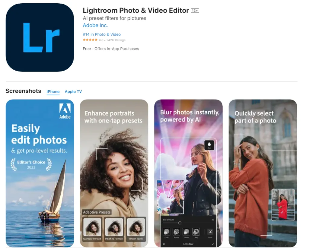 لقطة شاشة لبرنامج Lightroom من متجر تطبيقات iOS