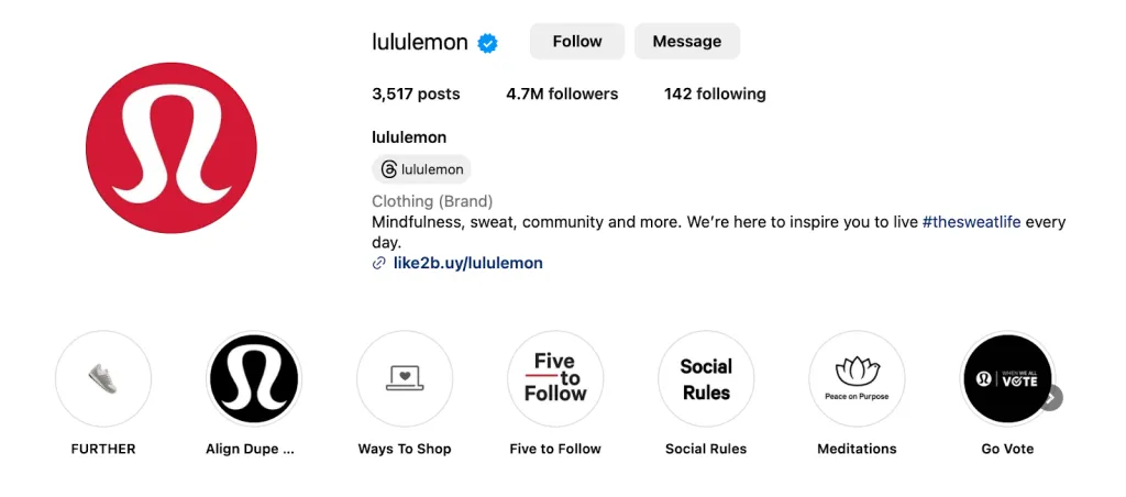 Capture d'écran de la bio Instagram de Lululemon